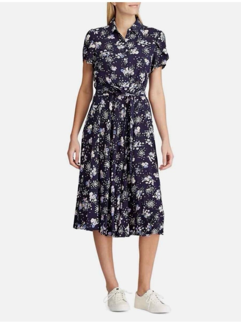 Chaps Navy Floral Midi Shirt Dress with Tie Waist